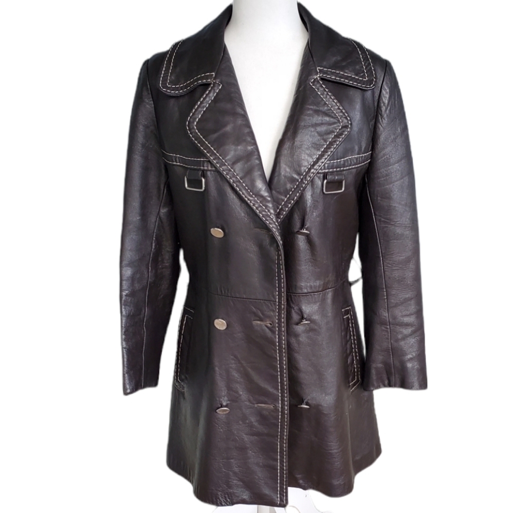Vintage 70's Dark Brown Double Breasted Leather Trench Jacket - small